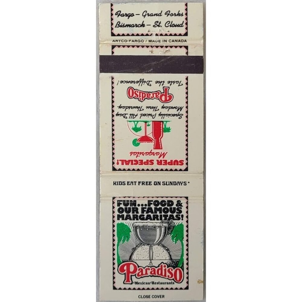 Vtg Matchbook Cover Paradiso Mexican Restaurants Fargo Bismarck Grand Forks ND